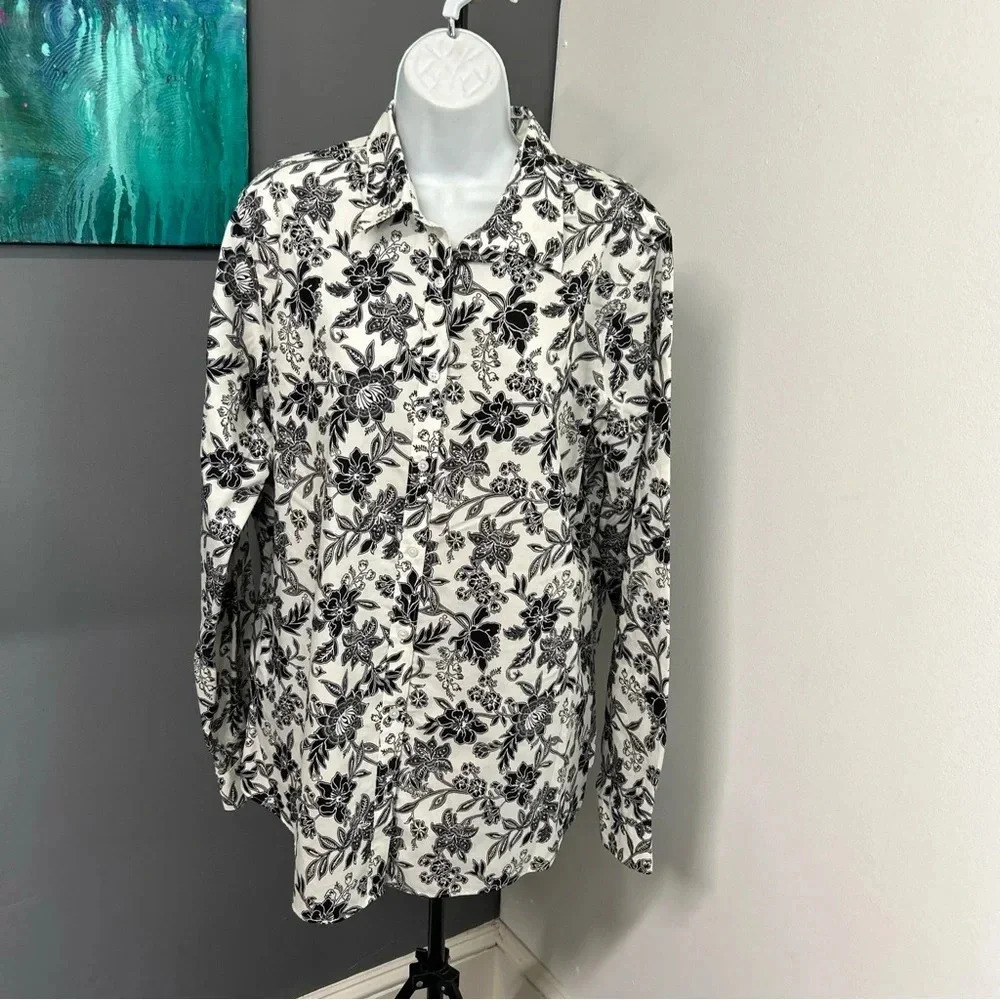 Lands End Women's Size 18 Tall No‎ Iron Supima Floral Button Shirt Black White